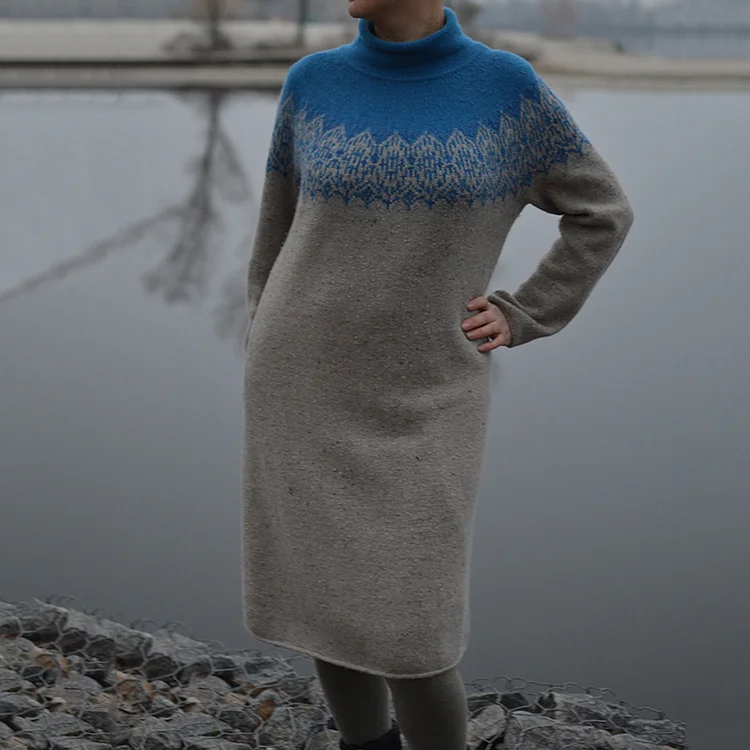 Utbros Vintage Icelandic Floral Knitted Colorblock Warm Maxi Sweater