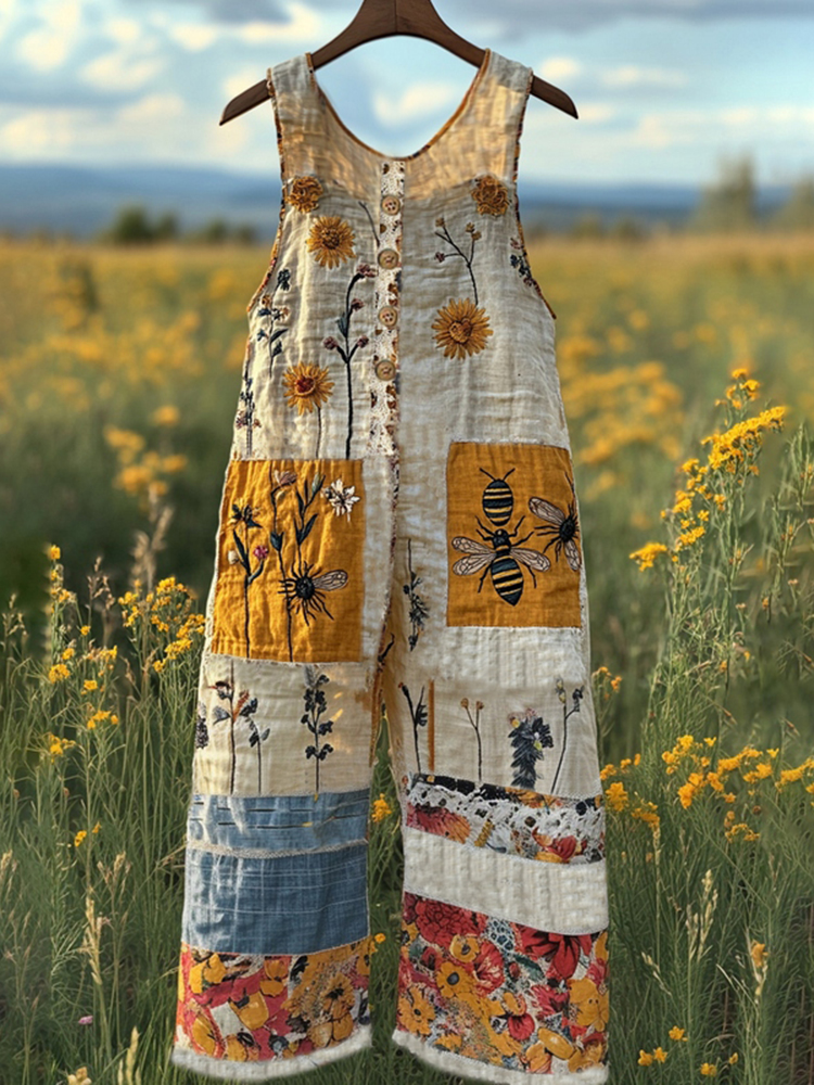 Comstylish Insect Wildflower Floral Embroidery Art Linen Button Jumpsuits