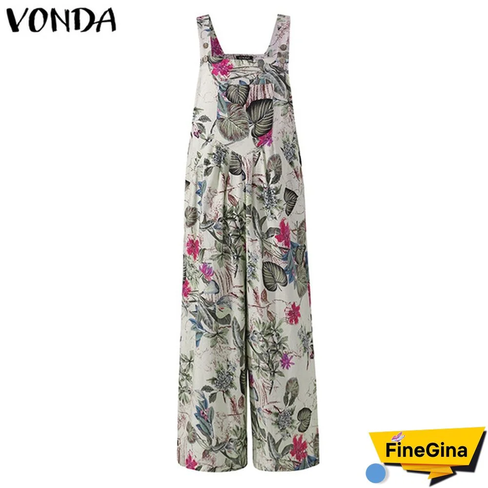 Women Sleeveless Floral Print Cotton Jumpsuits Vintage Bib Pants Long Trousers Plus Size Summer Palazzo Overalls Dungarees