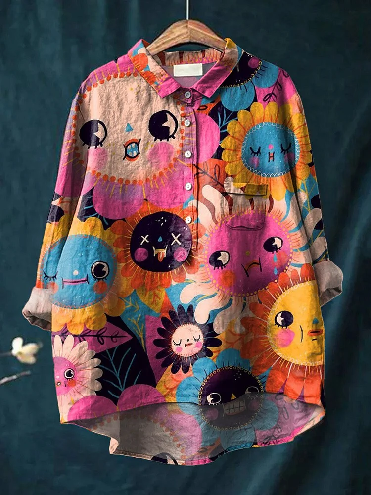Vintage Lovely Sunflowers Art Print Casual Cotton And Linen Shirt