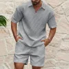 Men's Casual Waffle-Knit Solid-Color Polo Shirt & Tracksuit Set by Inlyline