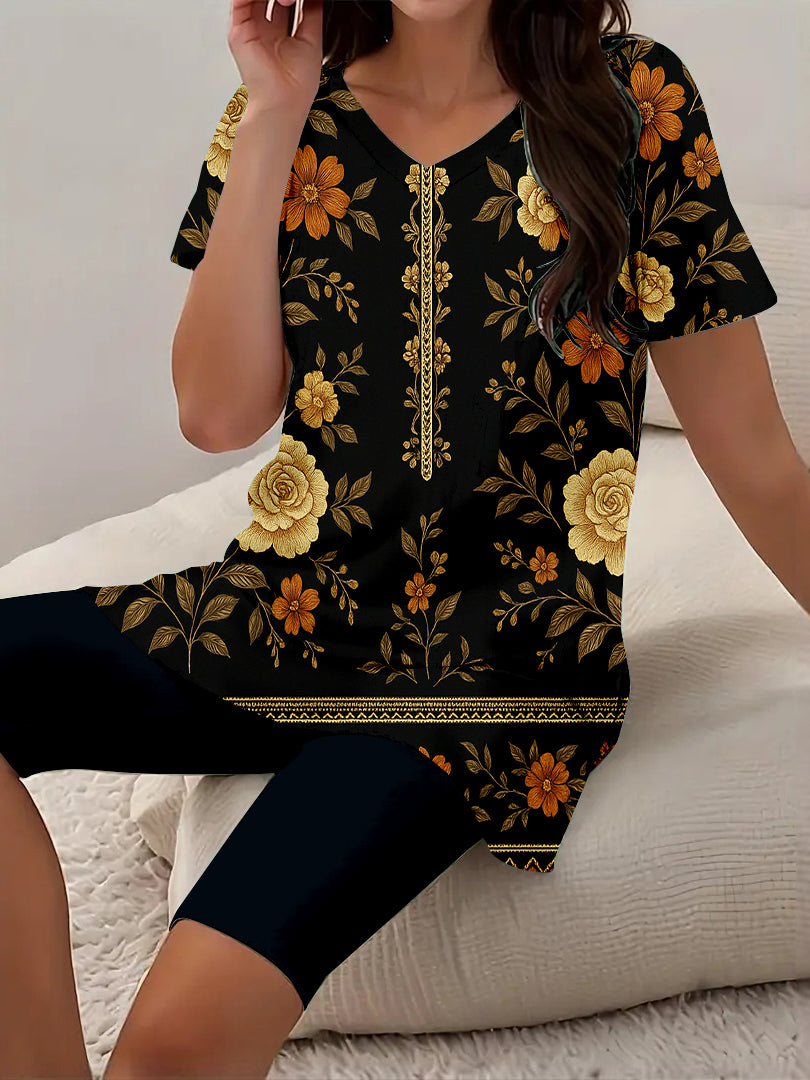 Women Long Sleeve V-neck Graphic Floral Printed Top