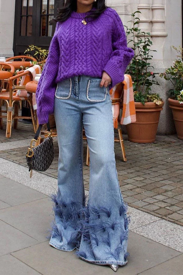 Feather Trim Rocking Bell Bottoms Jeans