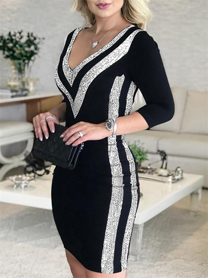 Fashion Mid-sleeve Sexy V-neck Striped Long Sleeve Party Dress