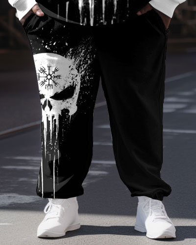Men's Casual Fashion Ink Skull Viking Totem Print Plus Size Hoodie Suit
