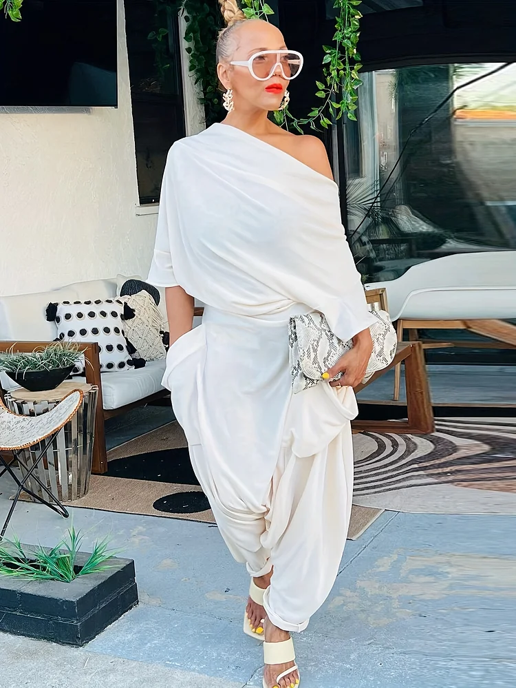 Elegant Style] Women's Off The Shoulder Jumpsuit - Polyester Knit, Solid Color, Casual Streetwear With Pockets For Spring/Summer/Fall