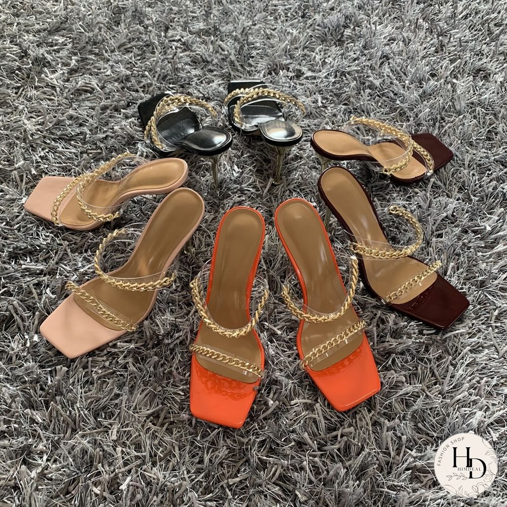 Summer Women Sandals Square Toe Ladies Heel Mules Clear PVC Transparent High Heels Slippers Female Fashion Chain Shoes Woman