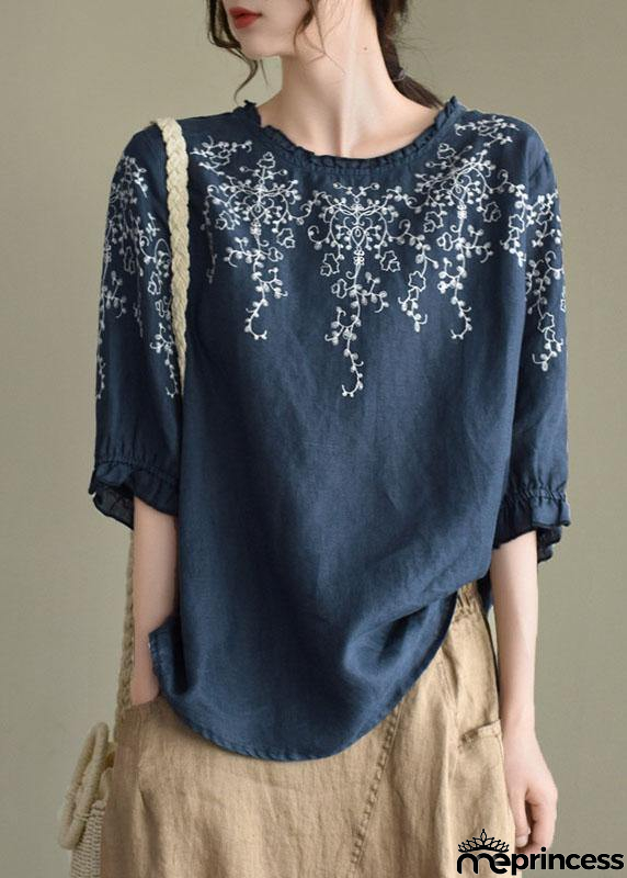 Handmade Navy lantern Sleeve O-Neck Embroidered Summer Ramie Blouses