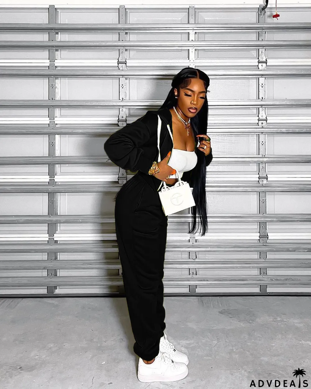 Solid Zipper Long Sleeve Two Piece Pants Set