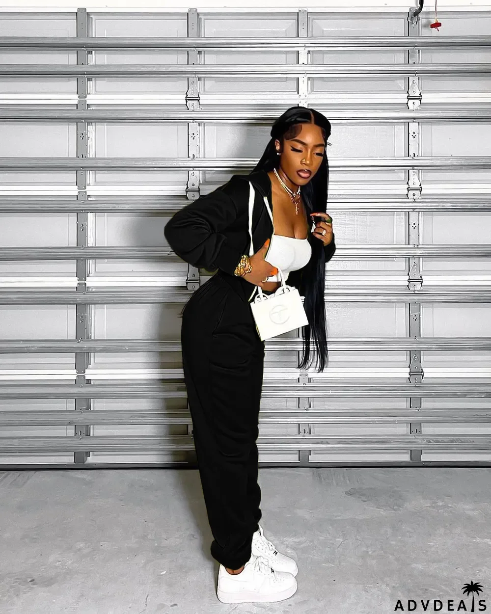 Solid Zipper Long Sleeve Two Piece Pants Set