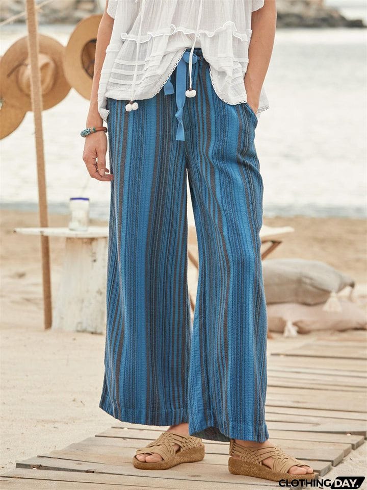 Summer Beach Drawstring Stretchy Stripe Straight Leg Pants for Women