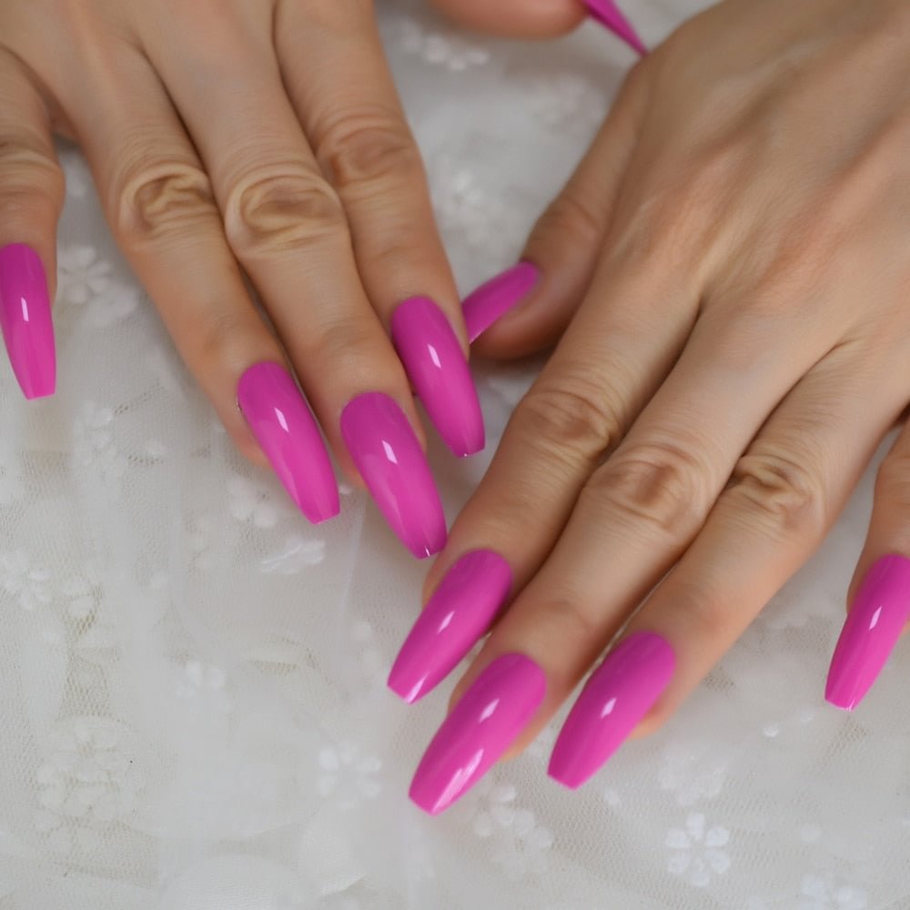 Rose Pink Extra Long Coffin Shape False Nails UV Shine Surface Neon Solid Color Acrylic Artificial Nail Tips 24
