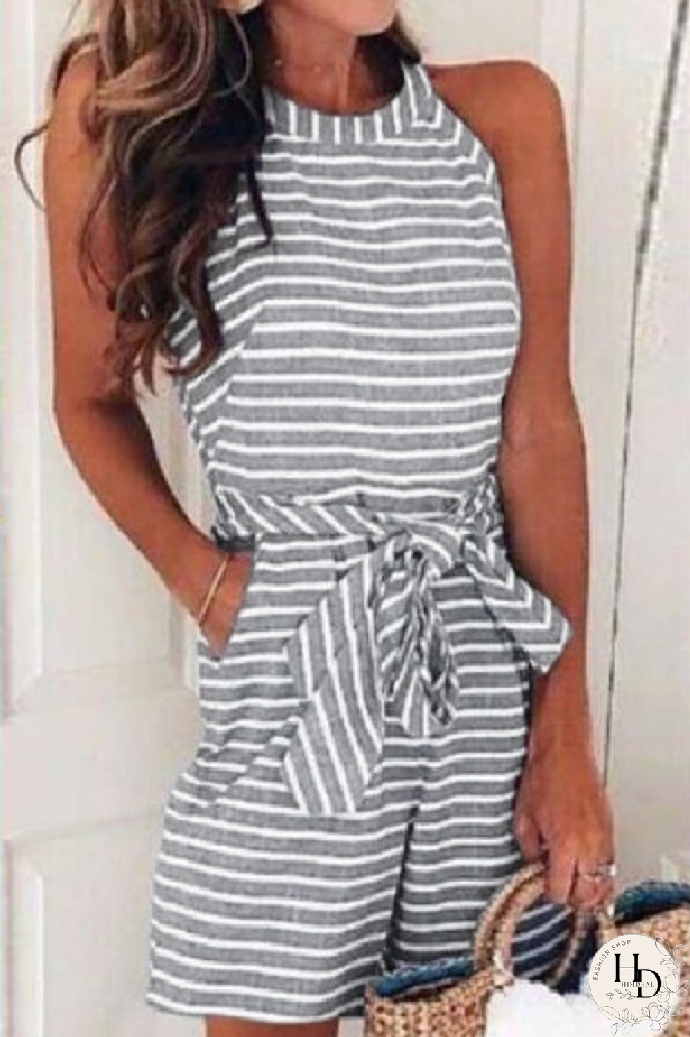 Casual Patchwork Bandage With Belt O Neck Loose Jumpsuits