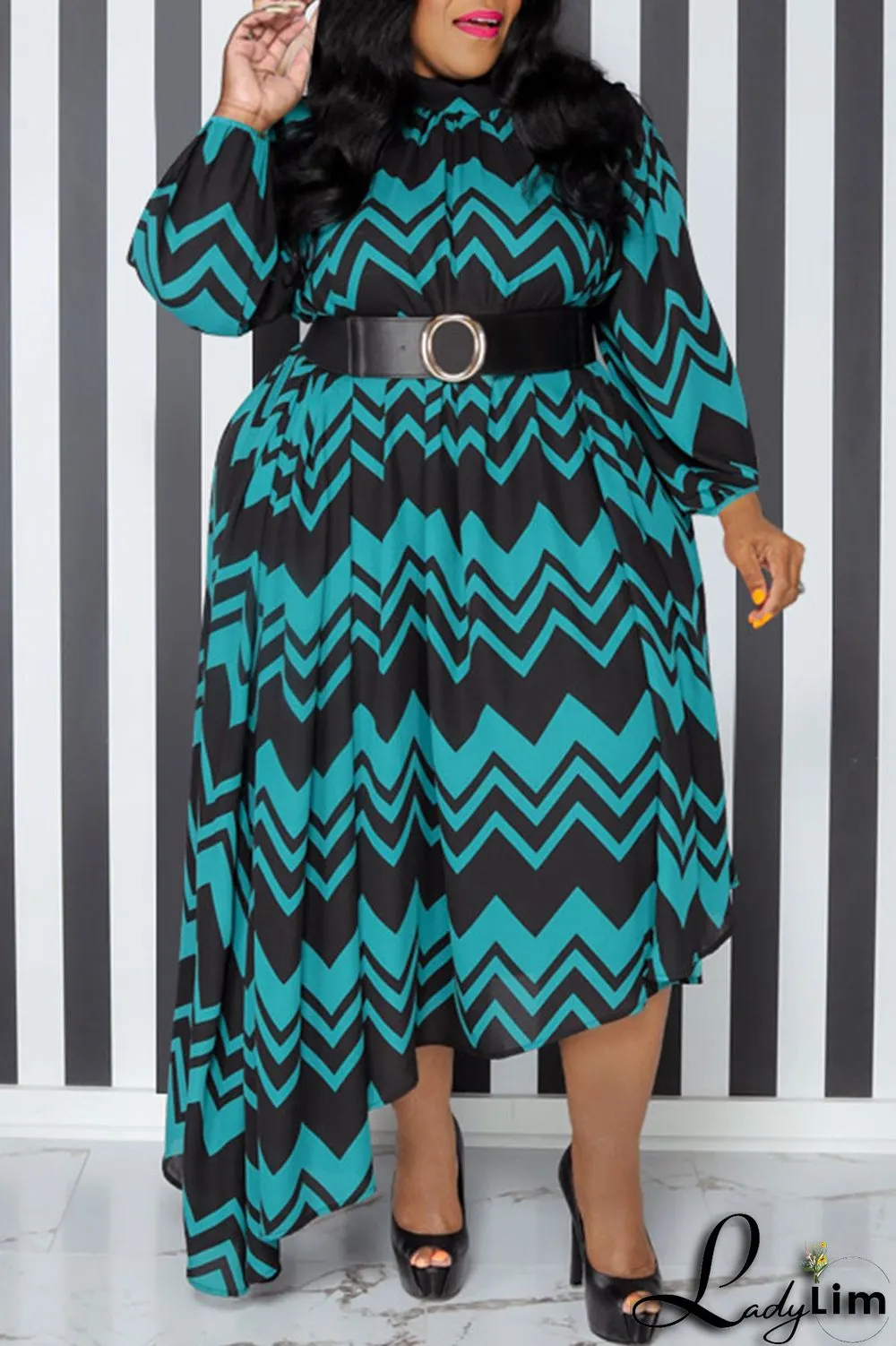Yellow Casual Print Patchwork With Belt O Neck Irregular Dress Plus Size Dresses