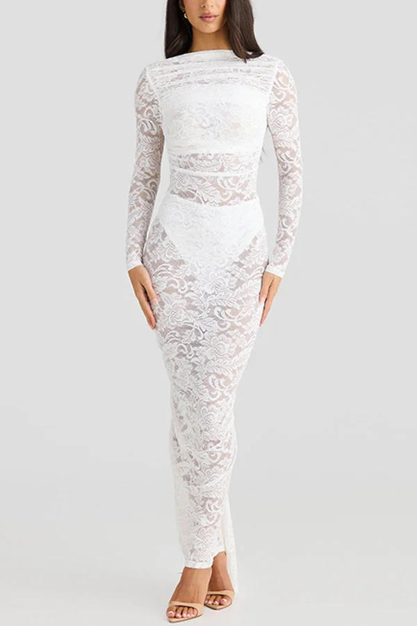 Timeless Lace High Gathered Neck Long Sleeve Backless Ruched Stretch Maxi Dress