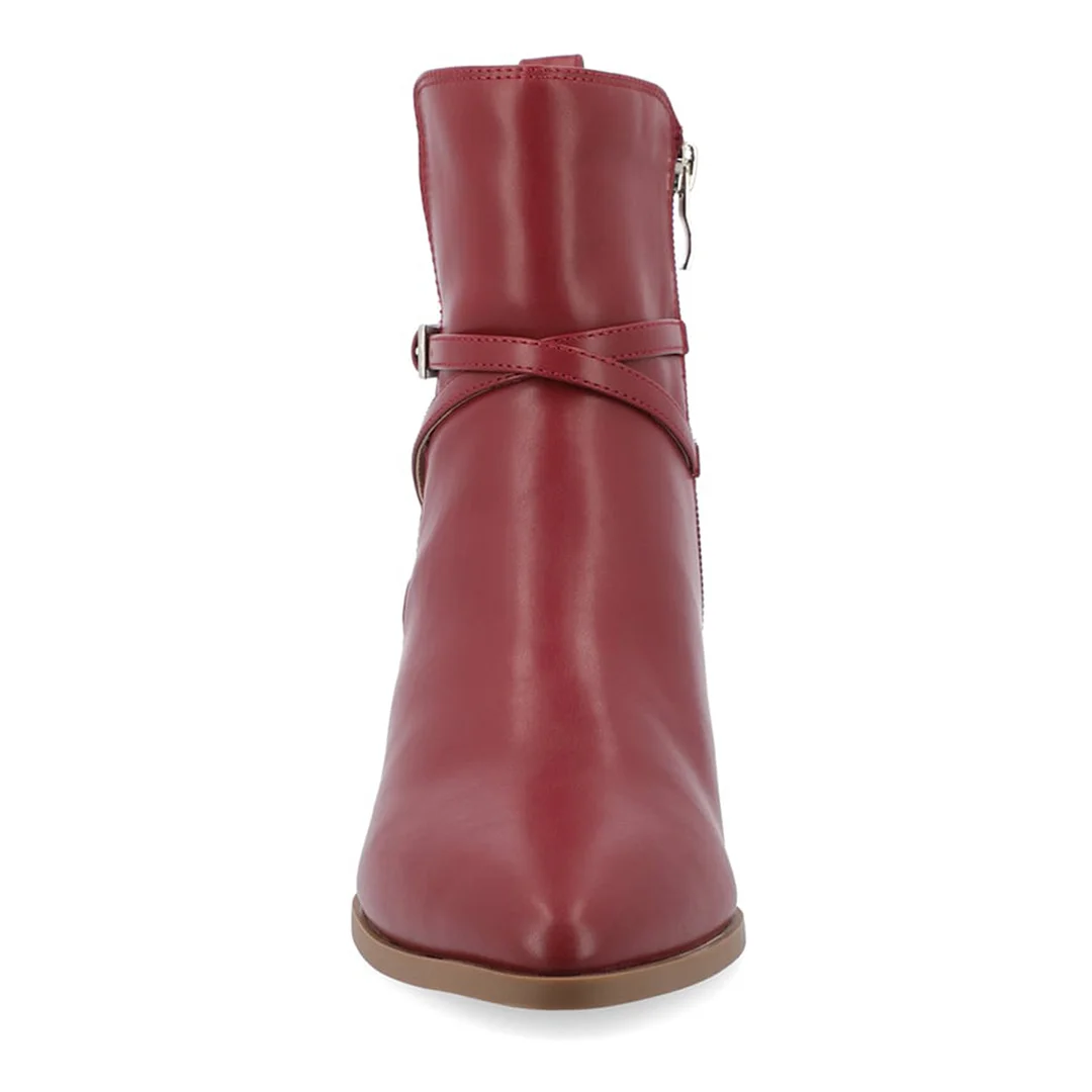 Vegan Leather Side-Zip Decorative Heel Buckle Strap Maroon Ankle Boots