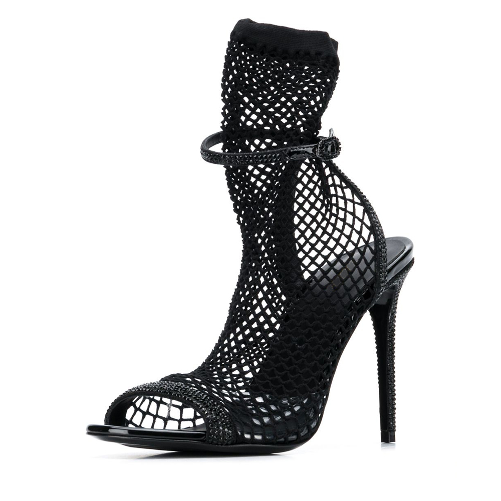 Black Mesh Open Toe 4'' Stiletto Heel Gladiator Ankle Boots Nicepairs