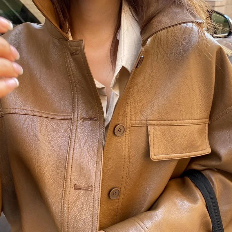 FTLZZ Spring New Women Faux Leather Jacket Vintage Turn-down Collar Loose Street Outerwear Female Elegant PU Leather Jackets