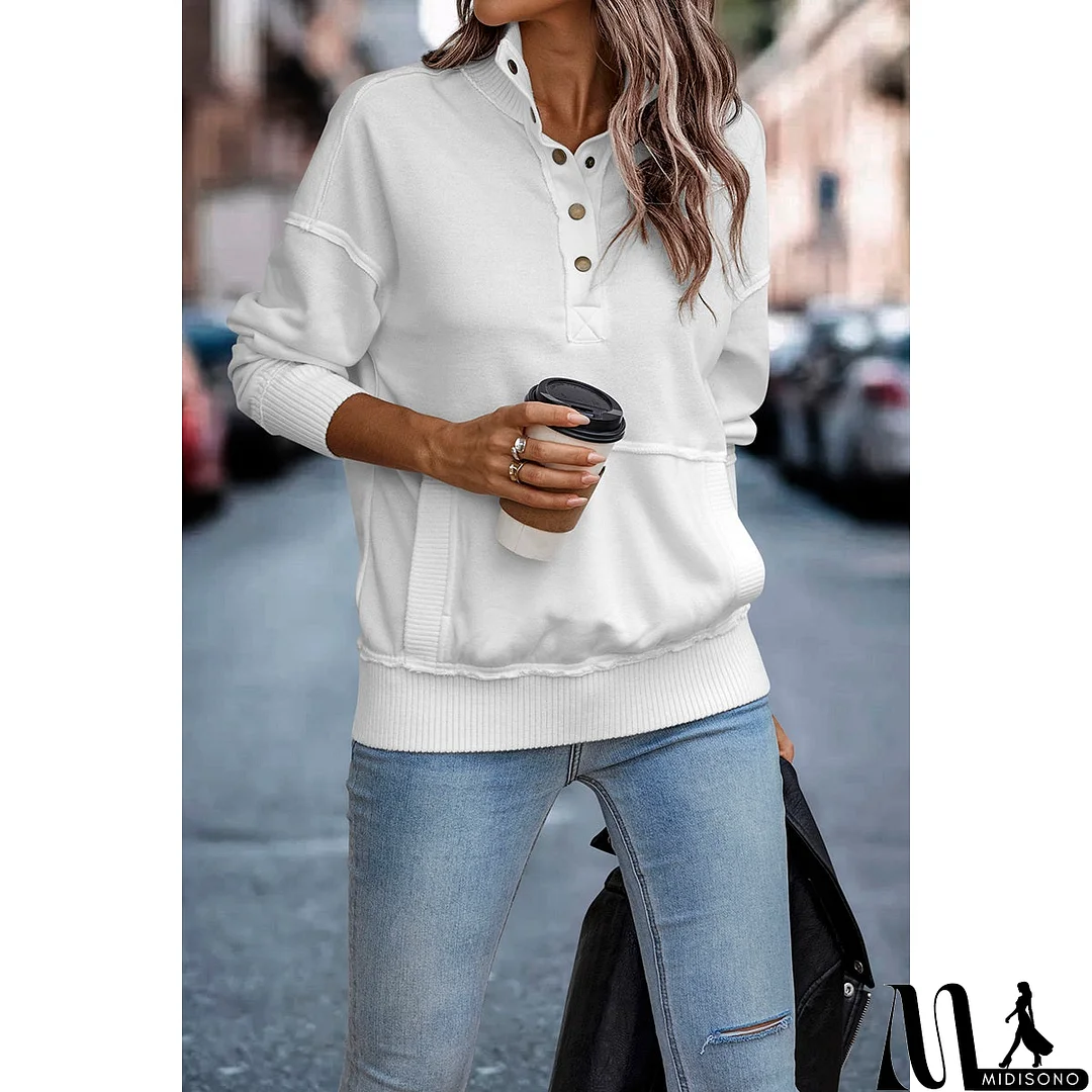 MidiSono - Chic Collared Block Button-Up Sweater