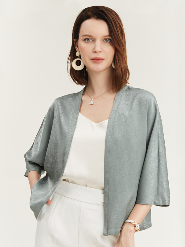 Jacquard Cropped Sleeve Silk Cardigan