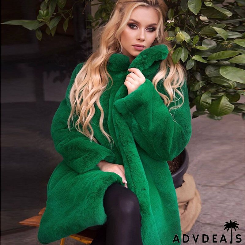 Plus Size Winter Women Standing Collar Imitation Rabbit Furplush Mid-Length Solid Color Over Coat