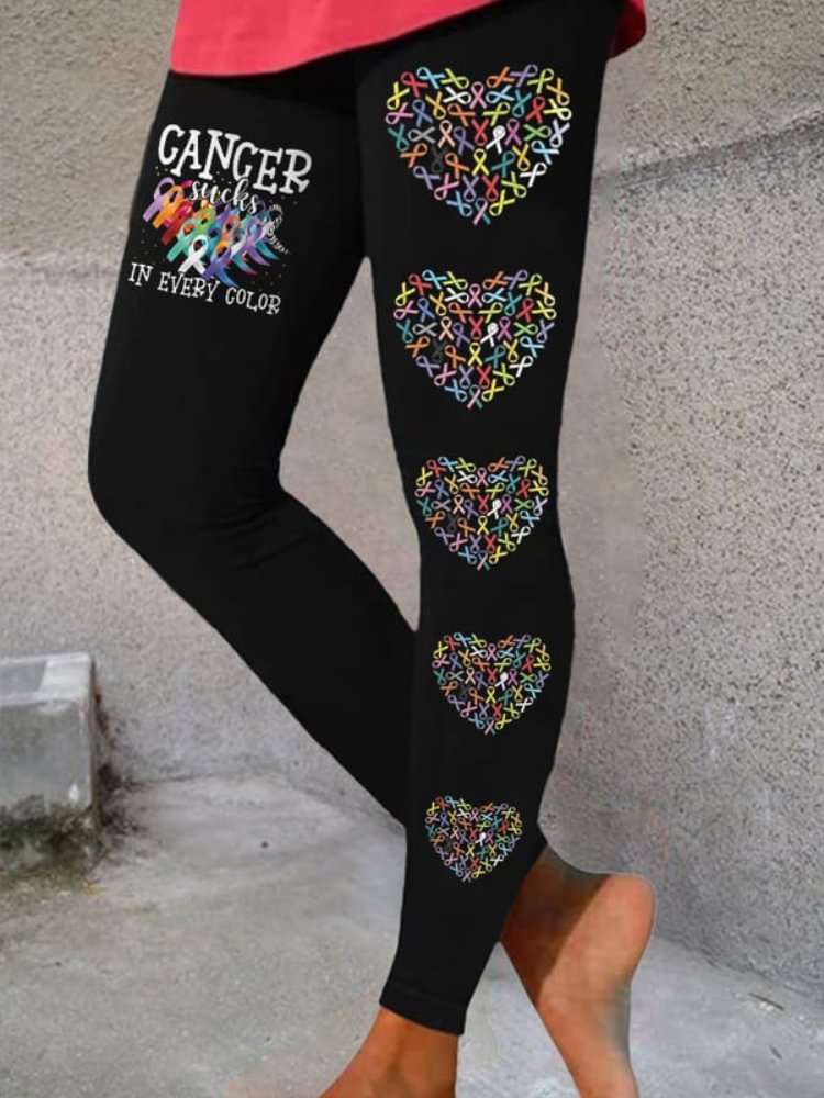 Cancer Awareness Ribbon Heart Print Stretch Leggings