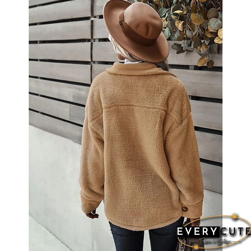 Khaki Double Side Fleece Button Warm Jacket