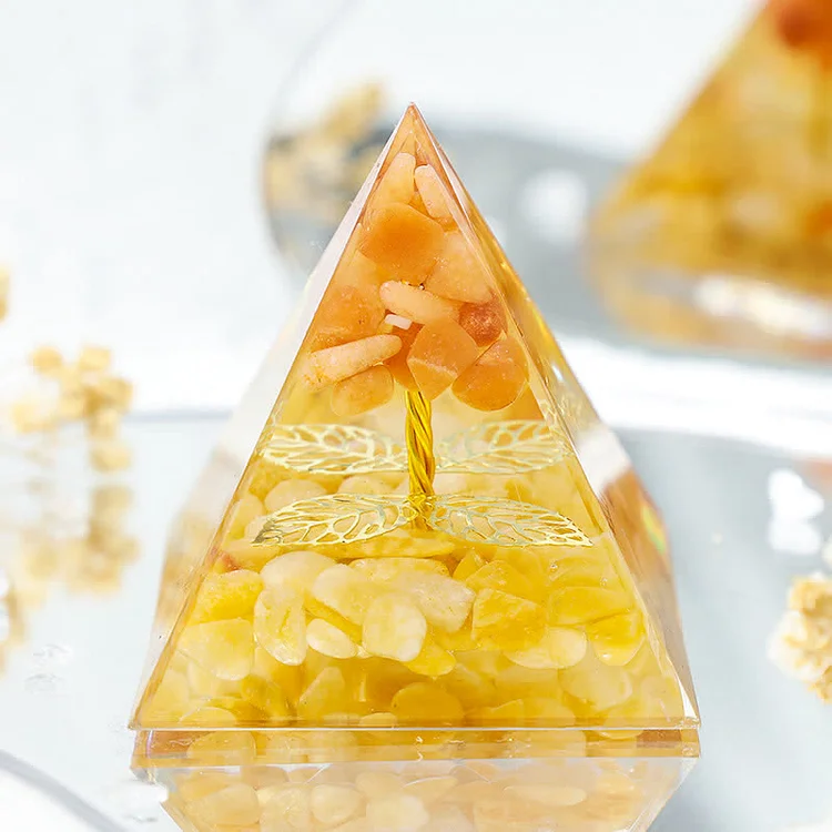 Sunstone With Yellow Jade Tree Of Life Orgone Pyramid
