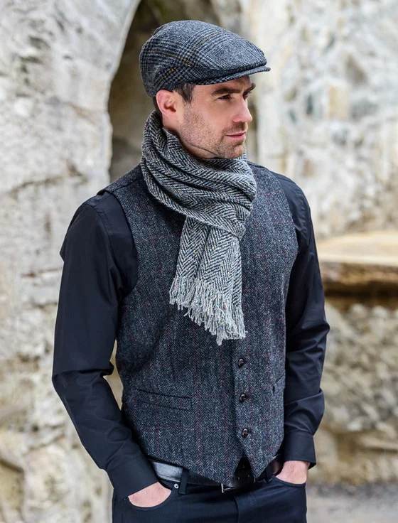 TWEED FLAT CAP - CHARCOAL MUSTARD