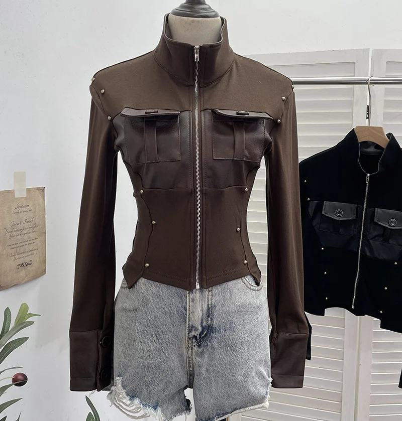 Nigikala Nigikala Modern Zipper Collar Spliced Pu Leather Shirt Babes Short Jacket Coat Fur Coat 1365