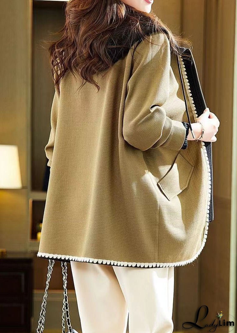 French Yellow Zip Up Pockets Patchwork Cotton Hooded Coat Fall
