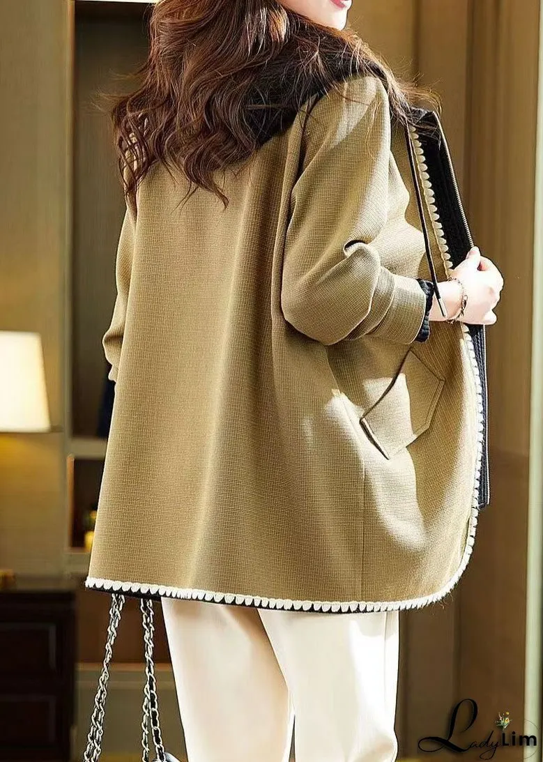 French Yellow Zip Up Pockets Patchwork Cotton Hooded Coat Fall
