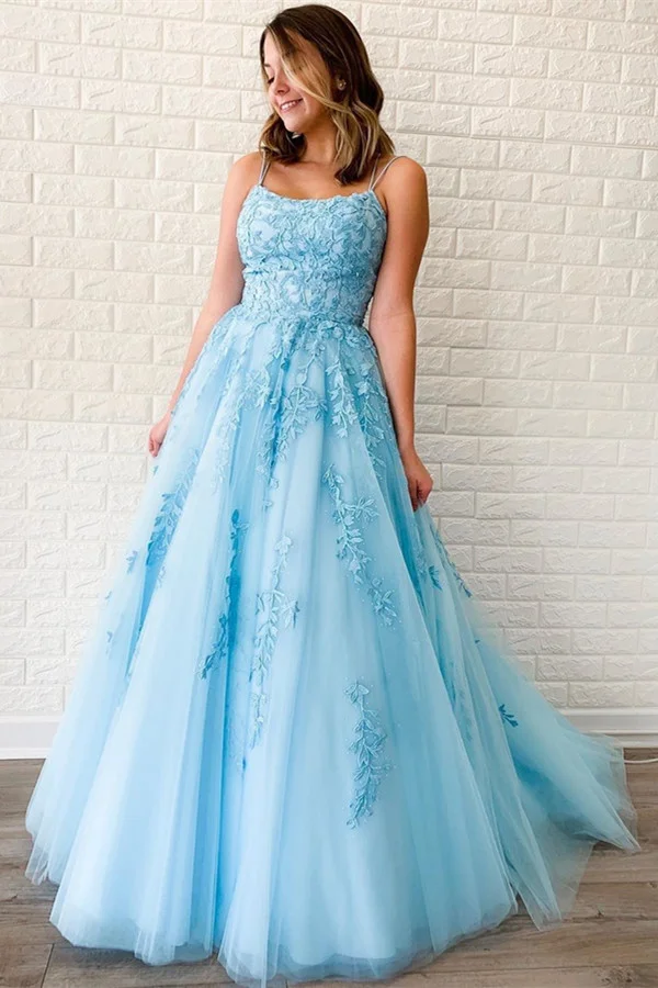 Stunning Sky Blue Appliques Spaghetti-Straps Prom Dress A-Line - lulusllly