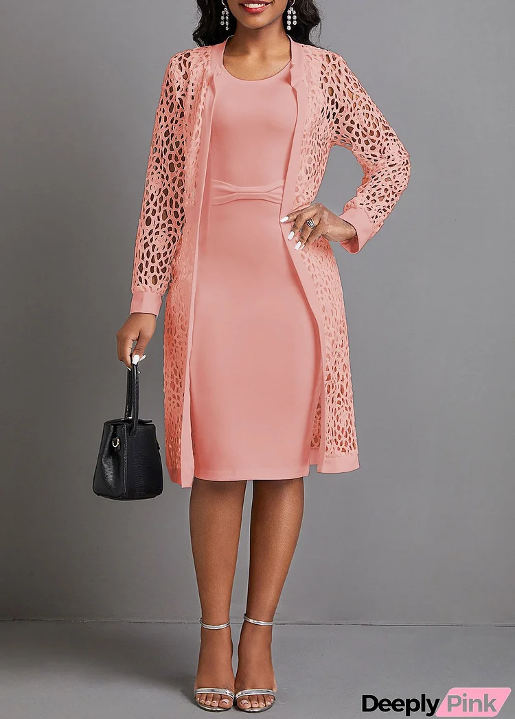 Pink Two Piece Long Sleeve Round Neck Dress and Cardigan