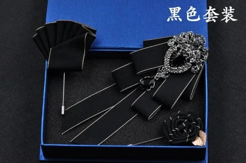 High-quality Fashion Handmade Red Diamond Bow Tie Wedding Collar Bowtie Brooch Pocket Towel Square Set Gifts for Men Accessories