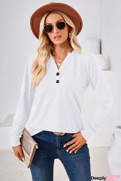 Notched Button Detail Long Sleeve T-Shirt