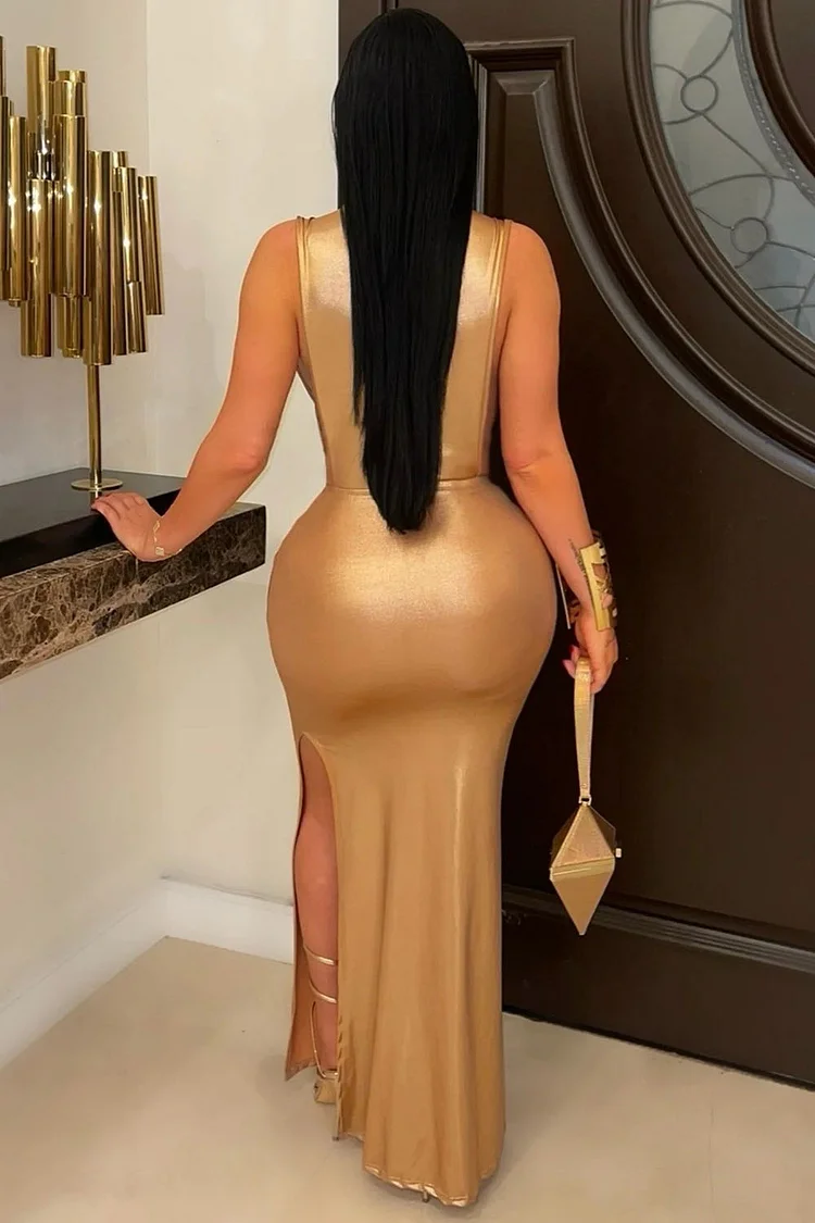 Mock Neck Cutout Sash Metallic Coated Party Maxi Dresses-Silver [Pre Order]