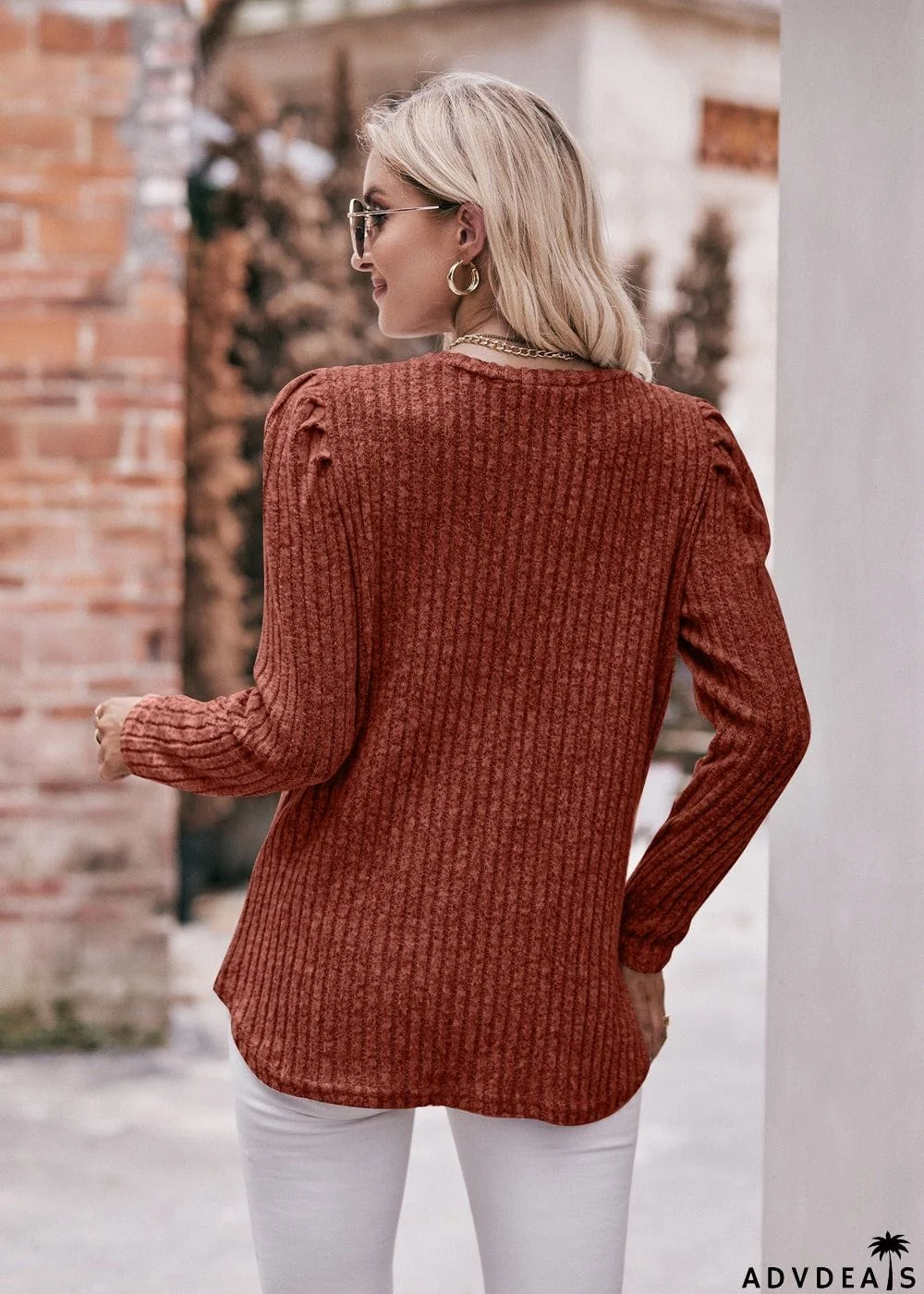 Double Take Round Neck Puff Sleeve Ribbed Top