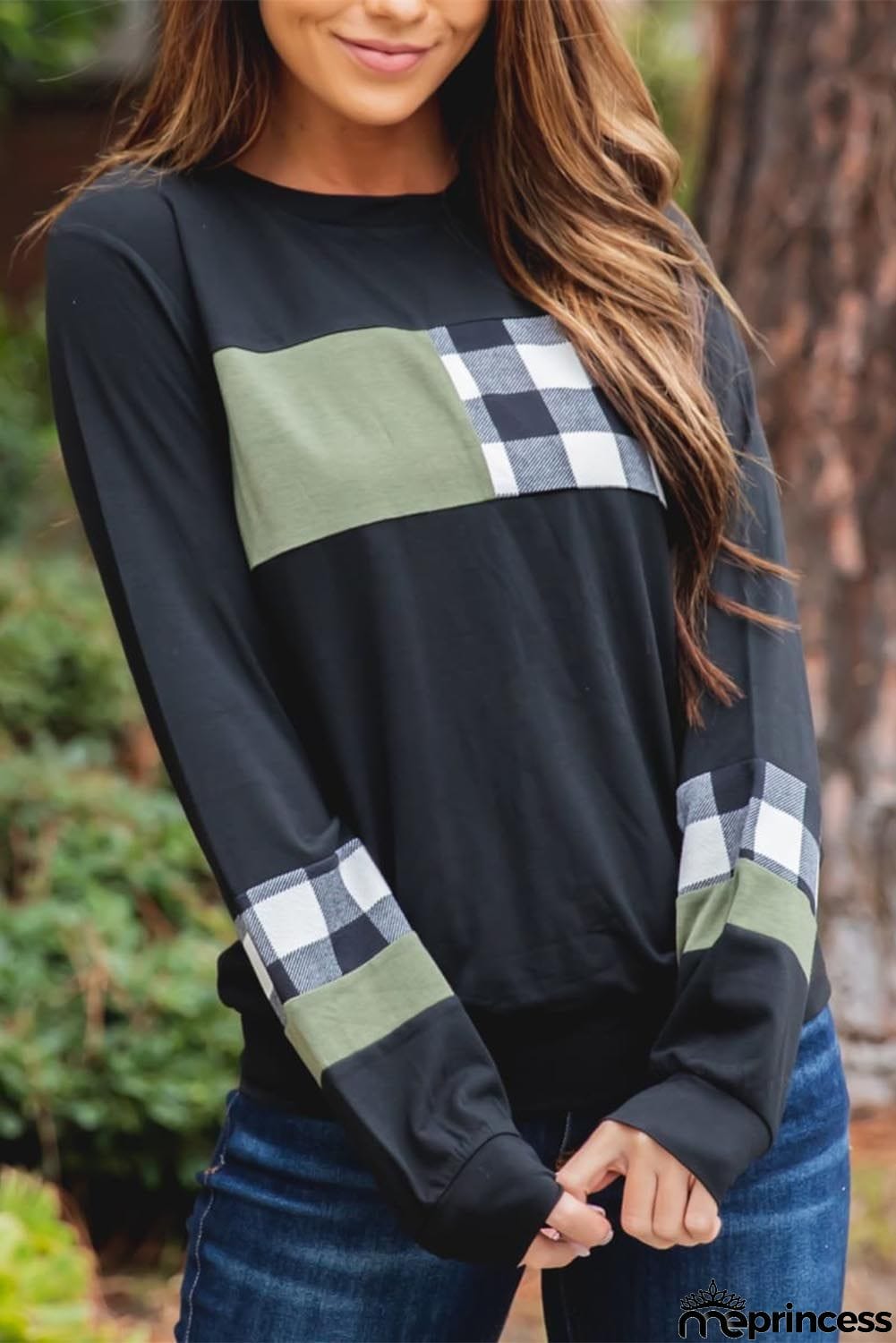 Plaid Splicing Color Block Long Sleeve Top