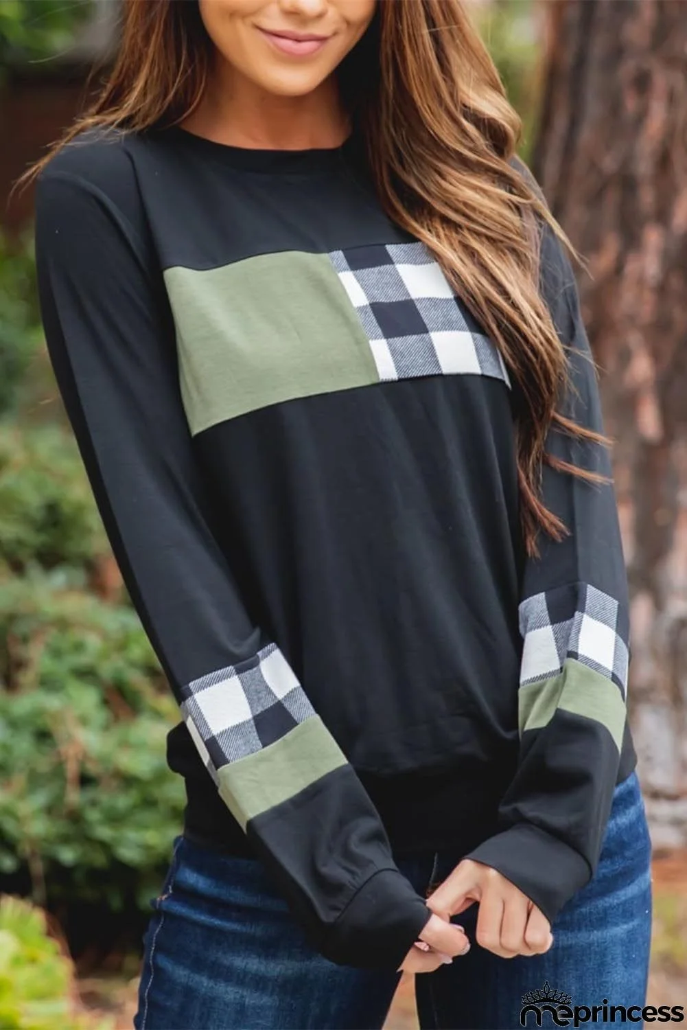 Plaid Splicing Color Block Long Sleeve Top