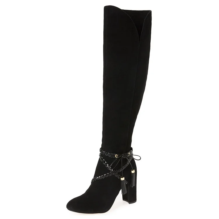 Black Chunky Heel Boots Suede Round Toe Tassels Knee-high Boots |FSJ Shoes