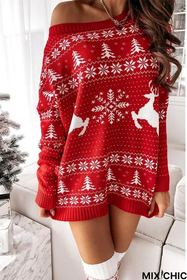 Christmas Print Dew Shoulder Sweater Dress