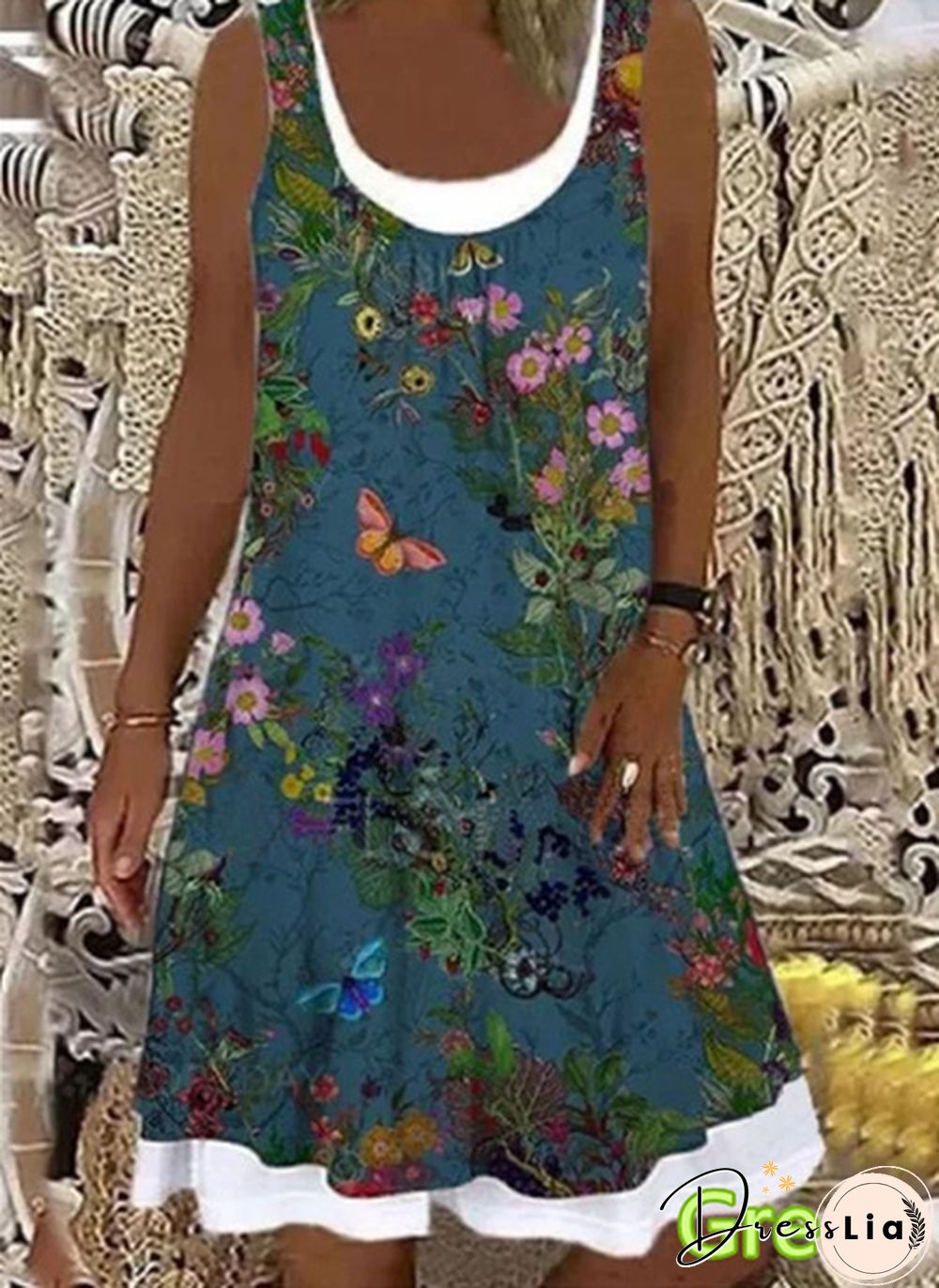 Womens Dress Summer New Fashion Flower Fake Two-piece Printed Sleeveless Round-neck