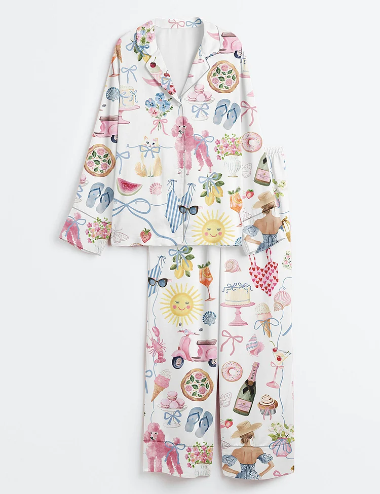 Women&rsquo;s Whimsical Wedding Dolce Vita Wedding Coquette Mediterranean Aperol Beach Travel Dog Champagne Beach Long Sleeve Satin Pajama Set