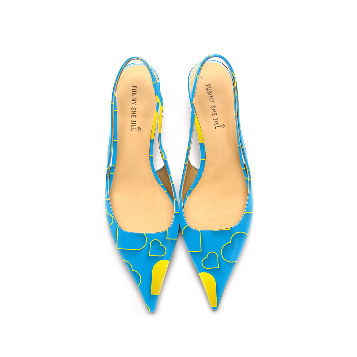 Blue Patent Leather Pointed Toe Elegant Kitten Heel With Heart Pattern