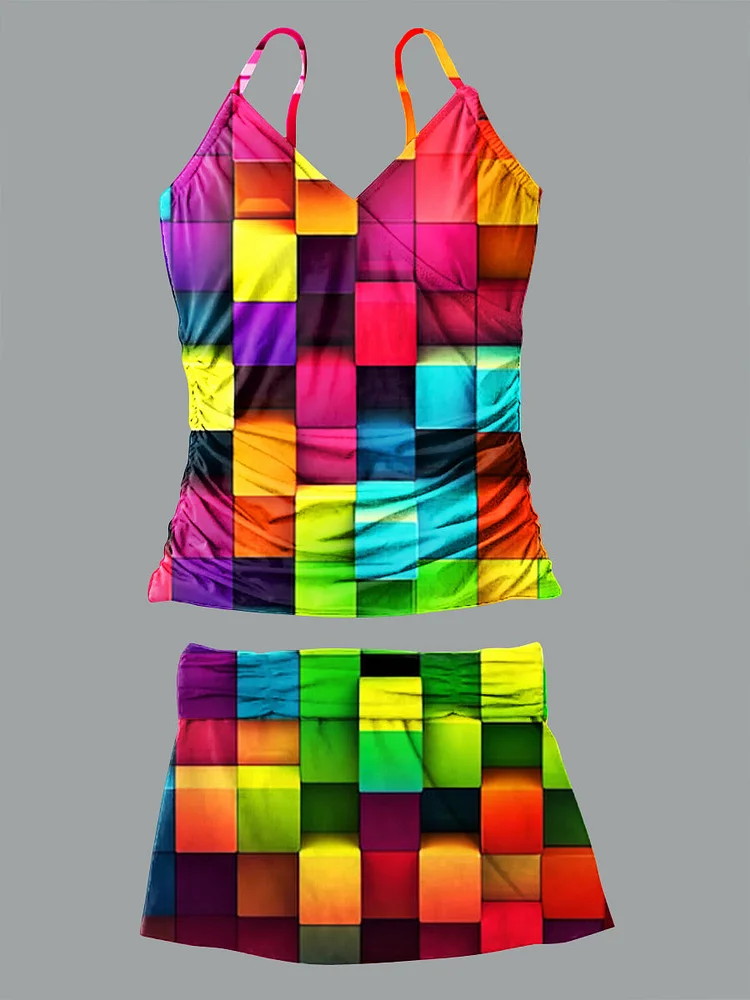 Colorful Square Pattern Art Print Halter Bikini V Neck Set Swimsuit