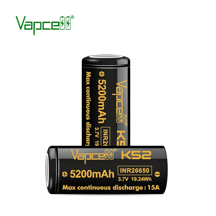 Vapcell 26650 5200mah 15A K52 Flat Top Rechargeable Battery (pack of 2)