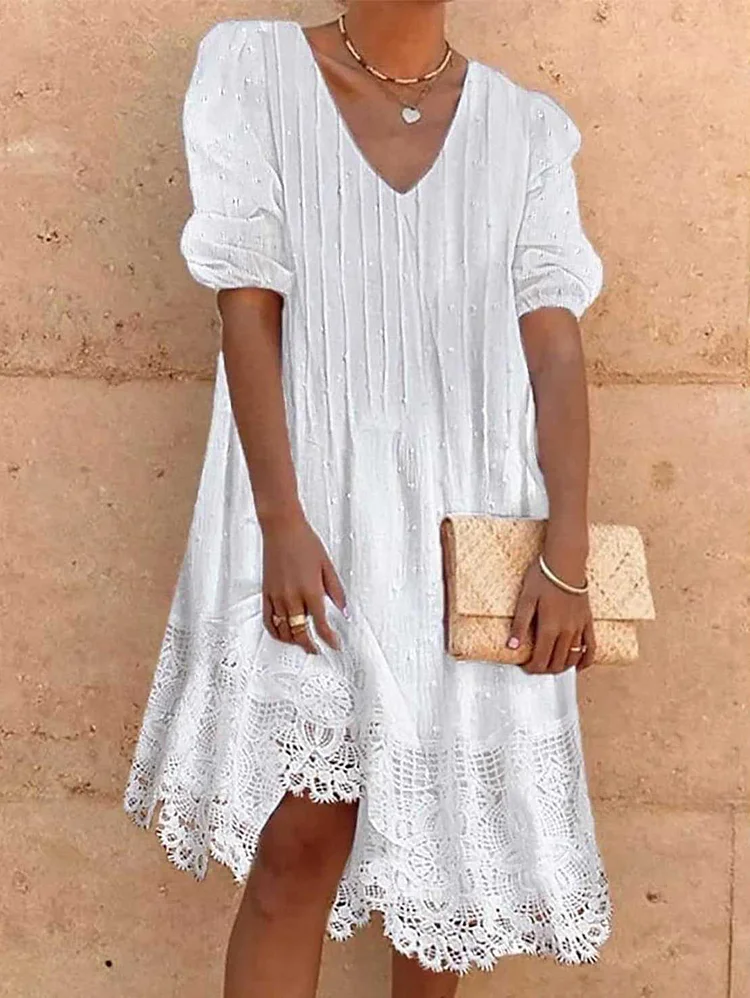 Casual Crinkle Pleated Lace Patchwork V Neck Midi Dress