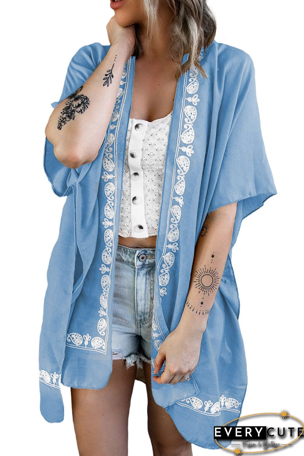 Sky Blue Retro Floral Pattern Kimono
