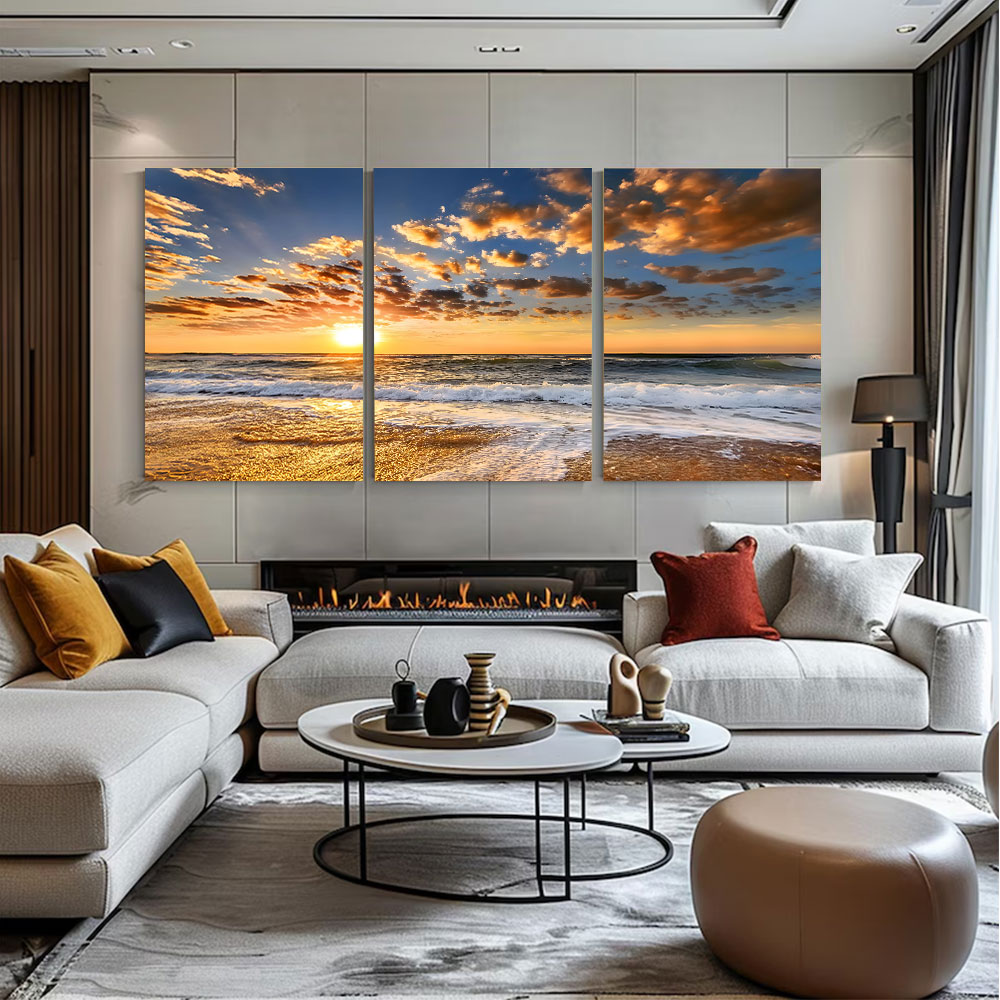 3-Piece Set Golden Clouds Over a Beach Sunset Canvas Art